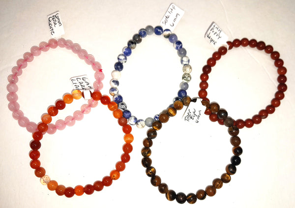 Blue Goldstone, Carnelian, Garnet, Poppy Jasper, Rose Quartz, Sodalite, Tiger Eye Bracelets - 6 mm