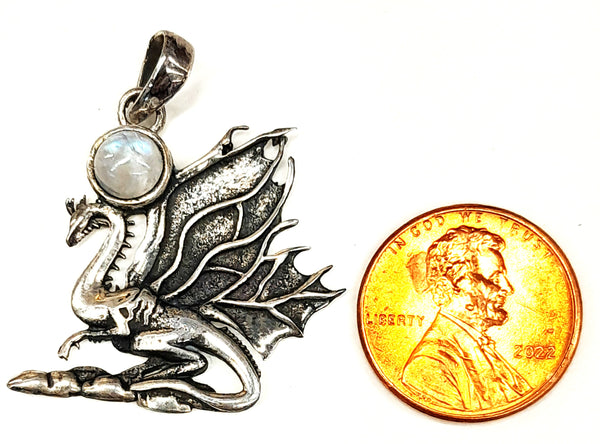 Sterling Silver Dragon Pendant with Rainbow Moonstone