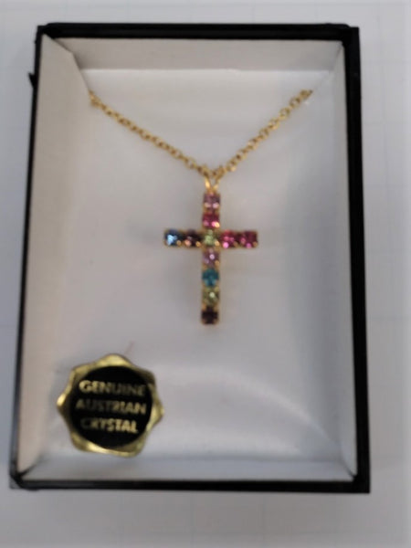 Multi-Colored Austrian Crystal Cross w/Gold Plated Chains