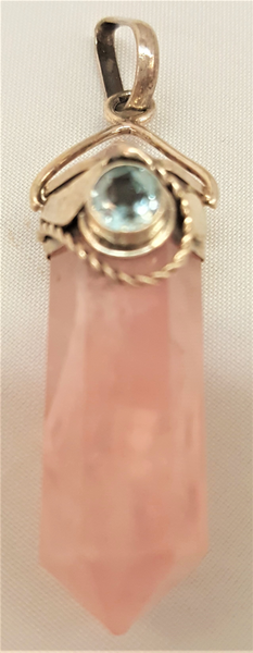 Sterling Silver Rose Quartz Pendant with Faceted Blue Topaz Cabachon