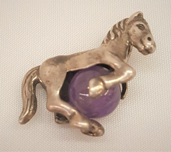 Sterling Silver Horse Pendant with Amethyst Ball