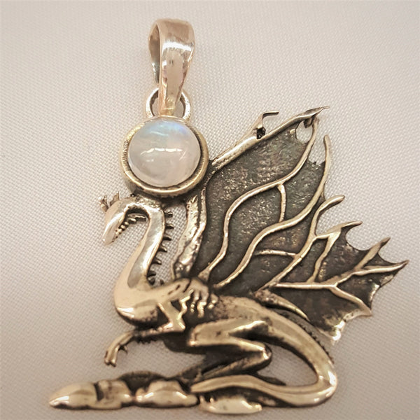 Sterling Silver Dragon Pendant with Rainbow Moonstone