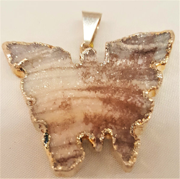 Silver Plated Druzy Quartz Butterfly Pendant