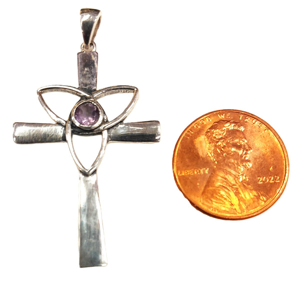 Sterling Silver Cross with Triquetra Faceted Amethyst