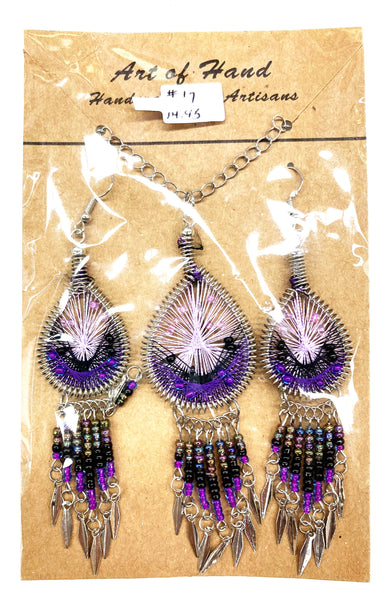 Tear Drop Woven Dangle Earrings and Necklace - Pink, Purple, Black