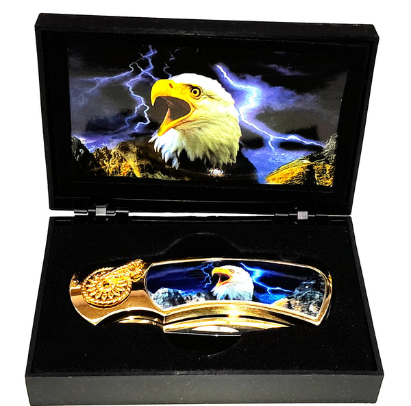 Gold Colored Pocket Knife with Eagle Surrounded by Lightning