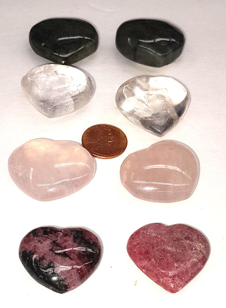 Hearts: Clear Quartz, Rose Quartz, Rhodonite, Labradorite