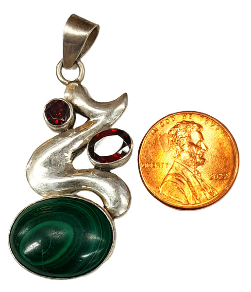 Sterling Silver Malachite with 2 Garnet Pendants