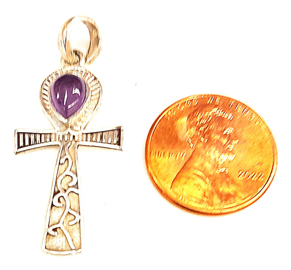 Sterling Silver Ankh Pendant with Amethyst