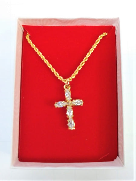 Clear Crystal Gold Plated Cross w/Chain