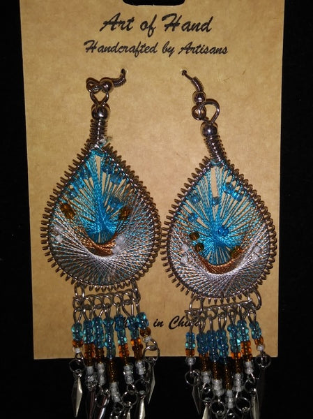 Tear Drop Woven Dangle Earrings - Turquoise, Copper and White