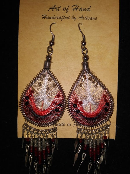 Tear Drop Woven Dangle Earrings - Red, Black and White