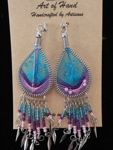 Tear Drop Woven Dangle Earrings - Turquoise, Pink and Purple