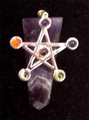 Silver Plated Pentacle w/6 Stones Pendants