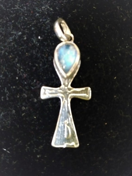 Sterling Silver Ankh Pendant with Rainbow Moonstone