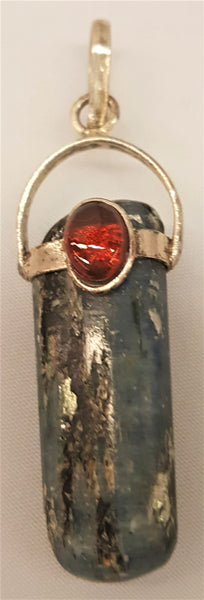 Silver Plated Kyanite Pendant with Garnet Cabachon