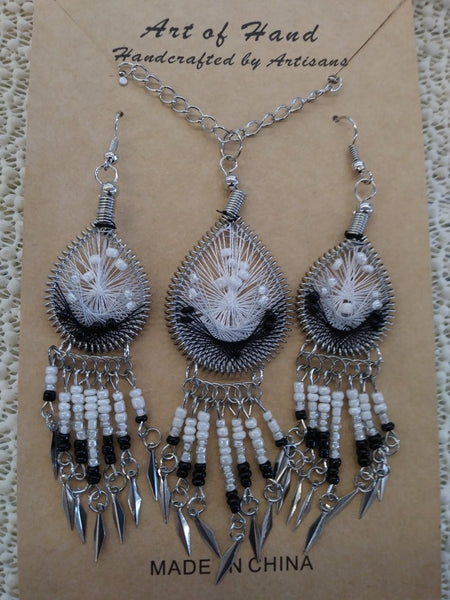 Tear Drop Woven Dangle Earrings and Necklace- White, Gray and Black
