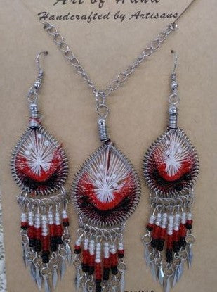 Tear Drop Woven Dangle Earrings and Necklace- Red Black and White