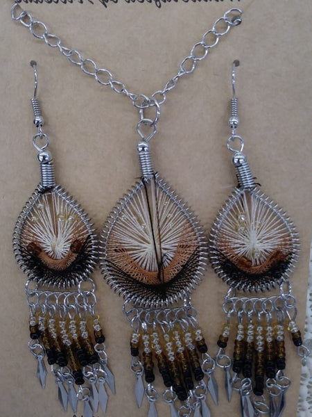 Tear Drop Woven Dangle Earrings and Necklace - White, Copper and Black