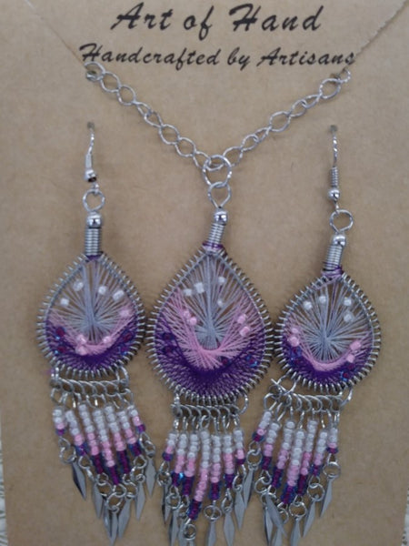 Tear Drop Woven Dangle Earrings and Necklace - Purple, Pink and White