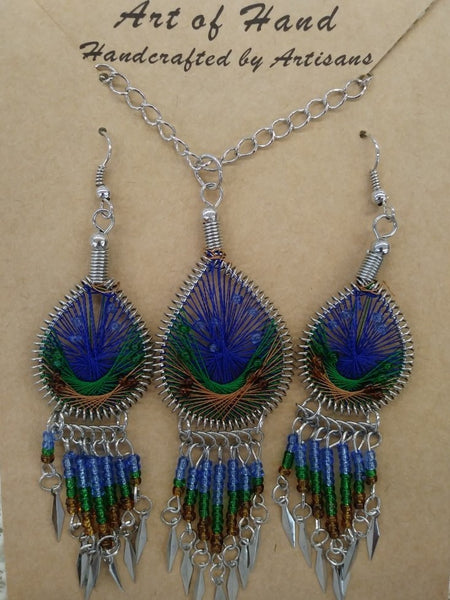 Tear Drop Woven Dangle Earrings and Necklace - Dark Blue, Green and Copper