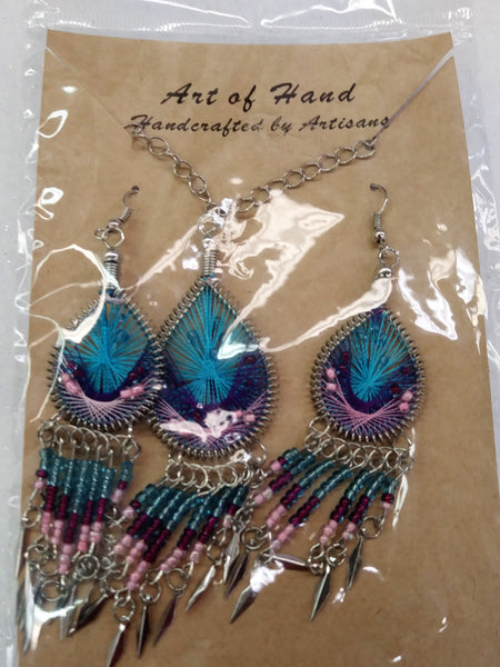 Tear Drop Woven Dangle Earrings and Necklace - Turquoise, Purple and Pink
