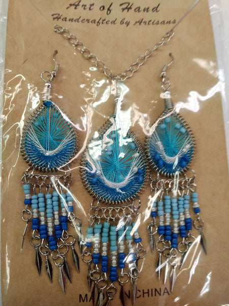 Tear Drop Woven Dangle Earrings and Necklace - Aqua, White and Blue